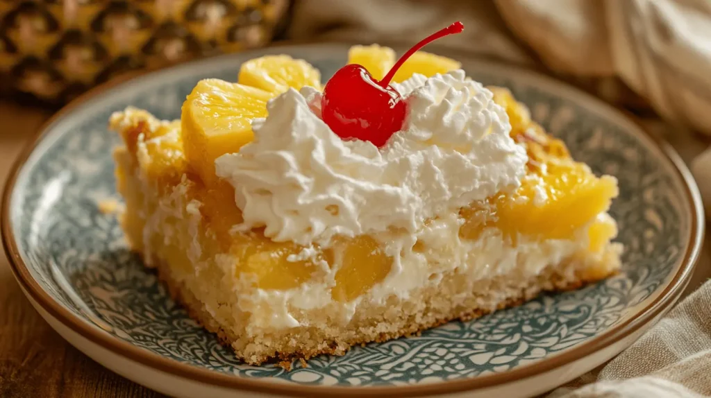 A slice of pineapple dump cake served on a plate, topped with whipped cream and garnished with a maraschino cherry.