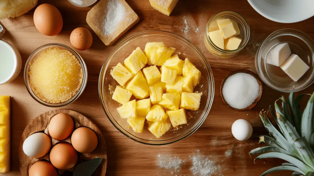 Ingredients for pineapple pie, including fresh pineapple chunks, sugar, eggs, butter, and pie crust, neatly arranged on a wooden countertop.