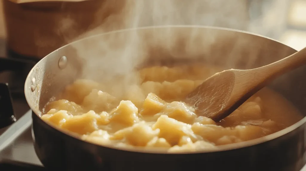 Close-up of a saucepan filled with thickened pineapple filling being stirred with a wooden spoon, steam rising gently, with a clean stovetop and warm natural light.