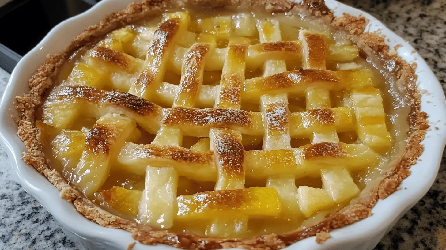 A freshly baked pineapple pie with a golden lattice crust, showcasing glossy pineapple filling in a white pie dish on a granite countertop.