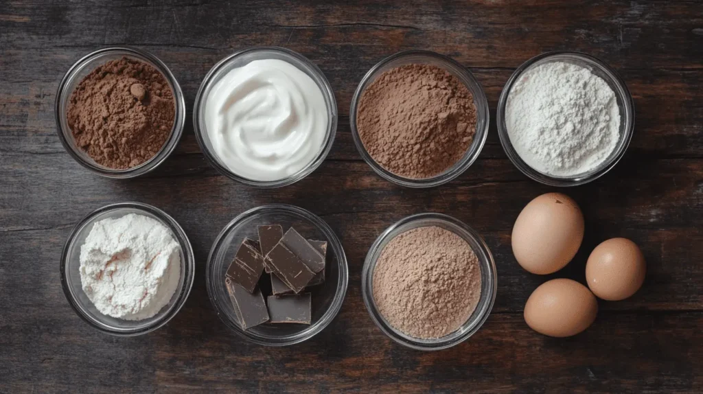 Ingredients for protein brownies, including cocoa powder, Greek yogurt, eggs, protein powder, chocolate pieces, and flour, arranged on a rustic wooden surface.