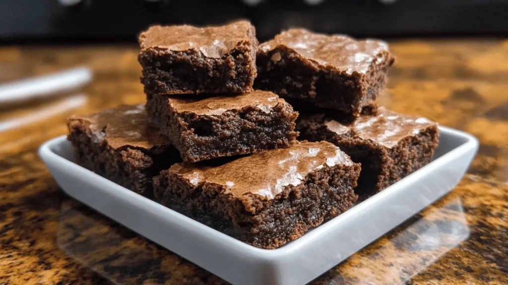 Fudgy protein brownies cut into squares and served in a white ceramic dish, with a glossy and rich texture.