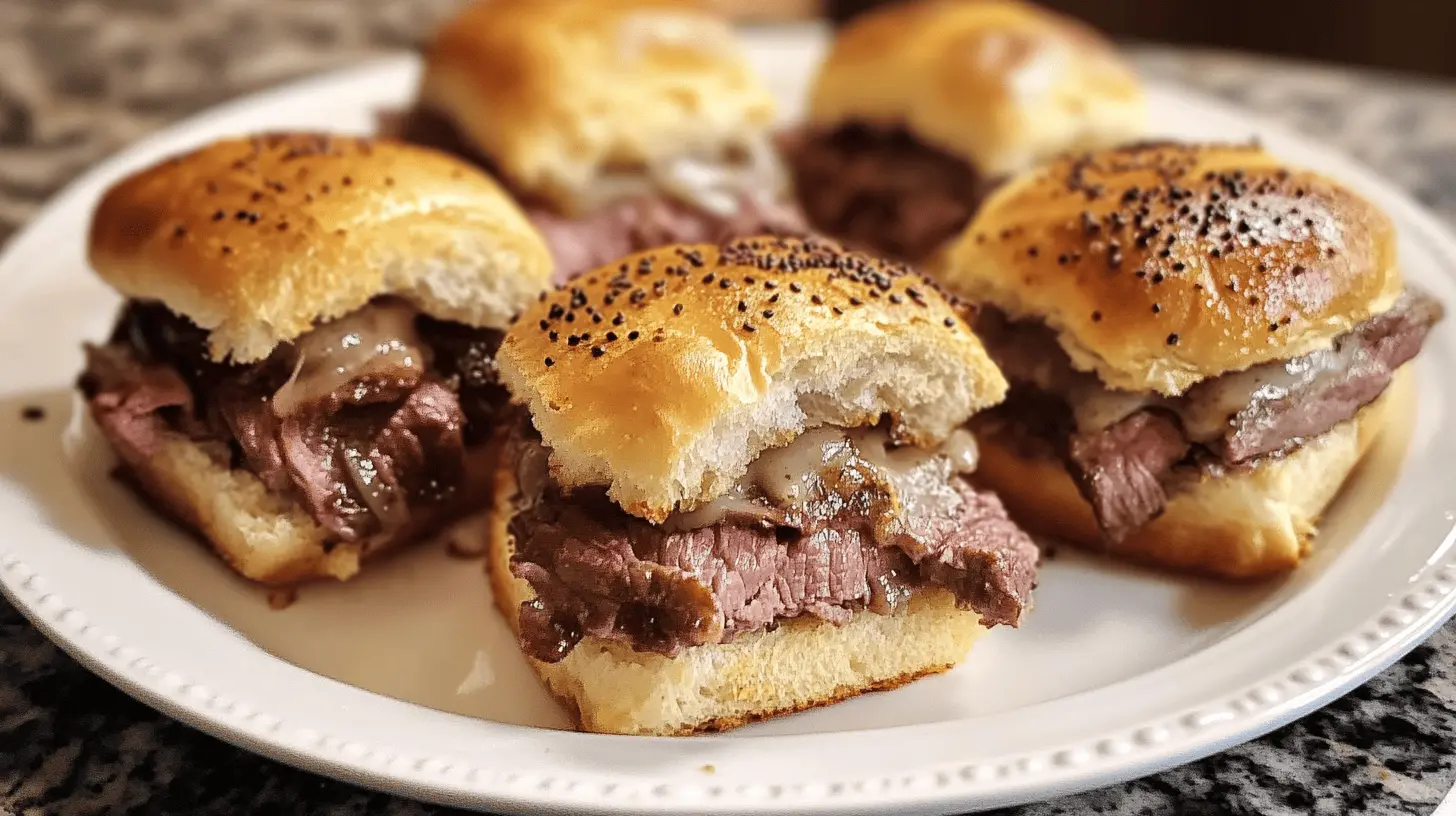 Freshly baked roast beef sliders with tender beef, melted cheese, and poppy seed-topped golden buns, served on a white plate.