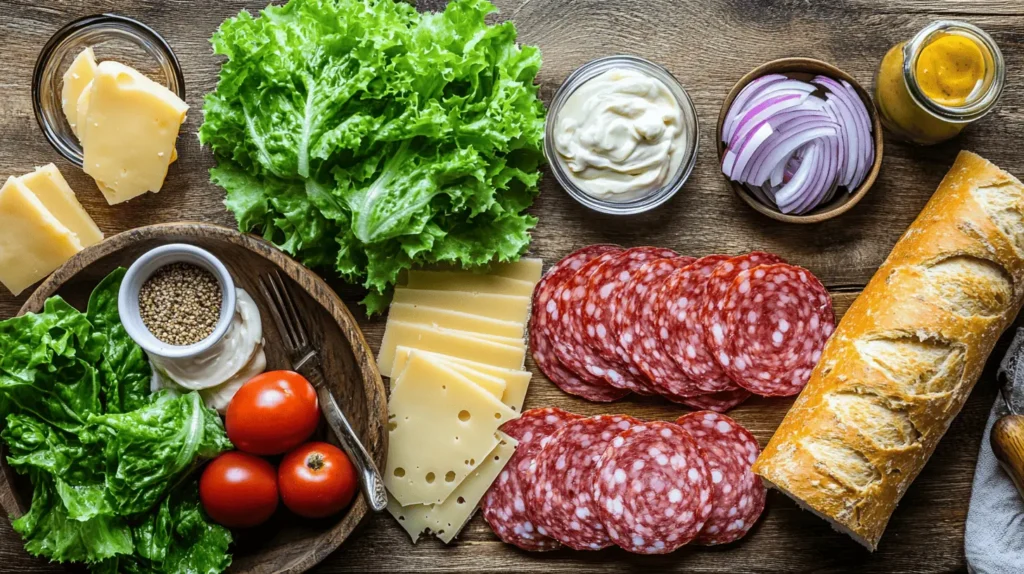 Top-down view of ingredients for a salami sandwich, including fresh ciabatta bread, thinly sliced salami, provolone cheese, lettuce, tomato slices, mustard, and mayonnaise. Everything is arranged neatly on a rustic wooden countertop with natural lighting for a clean and appetizing look.