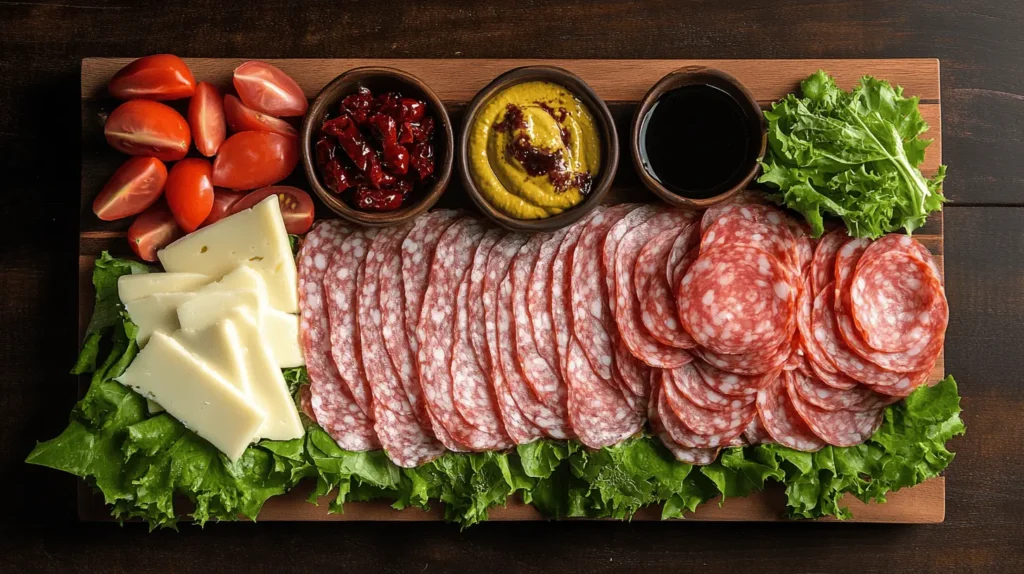 A spread of salami slices, cheeses, roasted peppers, and condiments like mustard and balsamic glaze on a rustic wooden board.