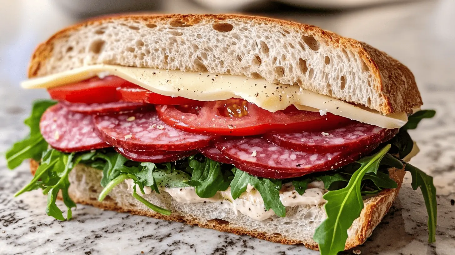 A freshly made salami sandwich with layers of salami, tomato slices, arugula, and Swiss cheese on artisan bread, placed on a marble countertop.