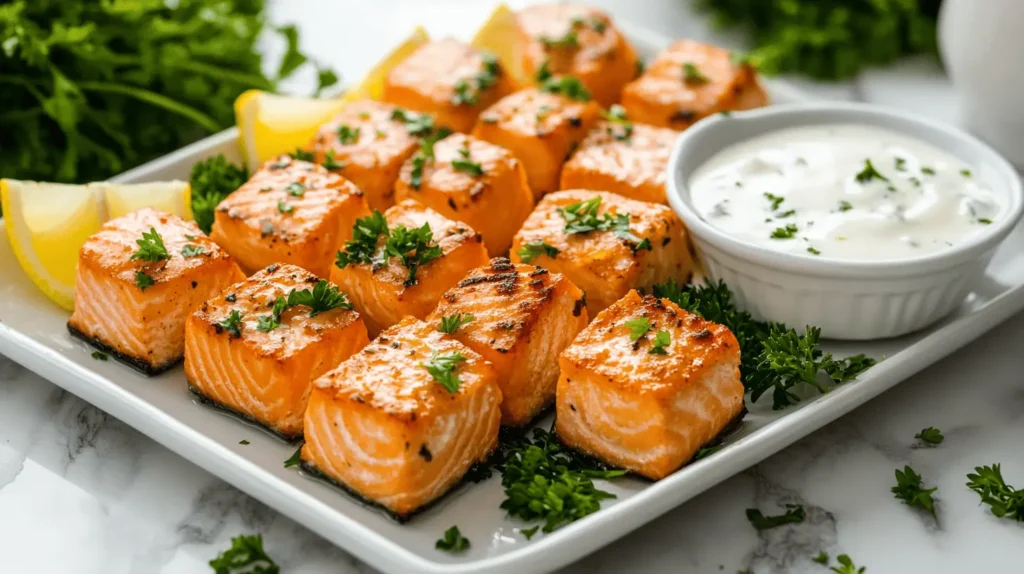 Salmon bites served on a white platter with a side of dipping sauce, garnished with lemon wedges and fresh parsley.