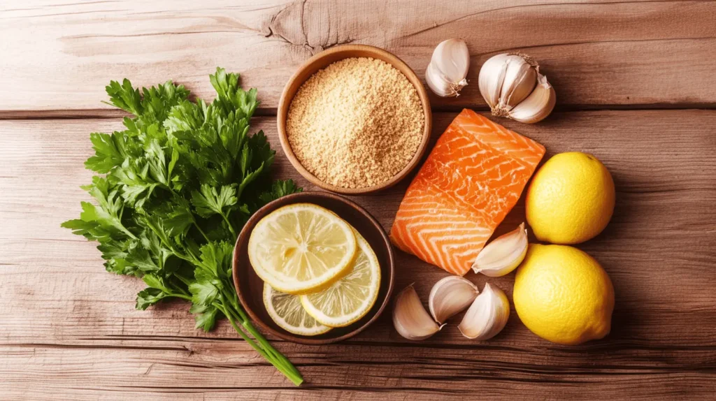 Fresh ingredients for salmon bites, including raw salmon fillets, lemon, garlic, and a bowl of breadcrumbs arranged neatly on a wooden countertop.