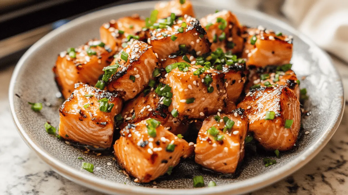 Golden and crispy salmon bites served on a white platter, garnished with fresh parsley and lemon wedges, set on a marble countertop.