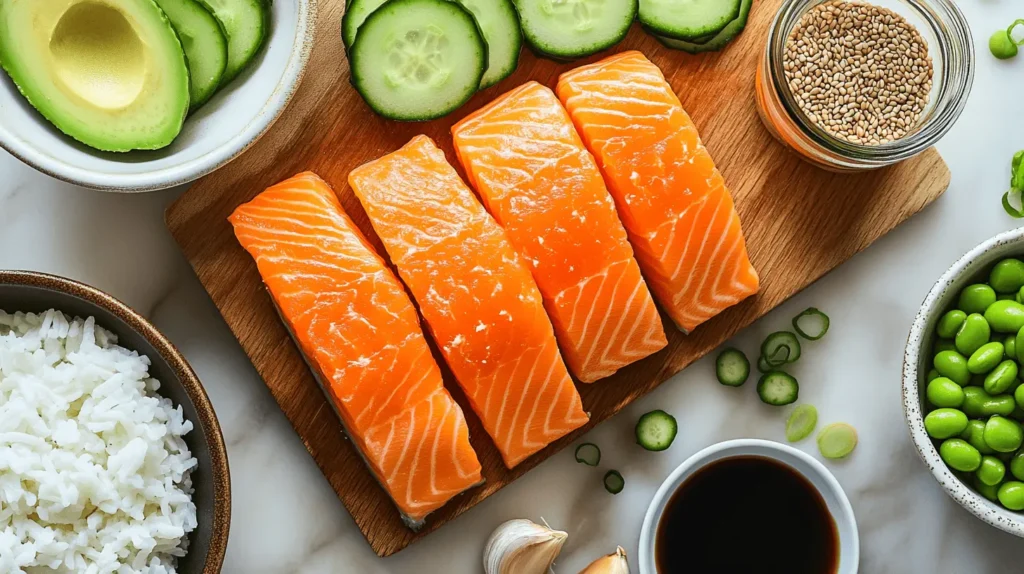 Flat lay of fresh ingredients for a Salmon Bowl, including salmon fillets, cooked rice, fresh vegetables, soy sauce, sesame oil, and avocado.