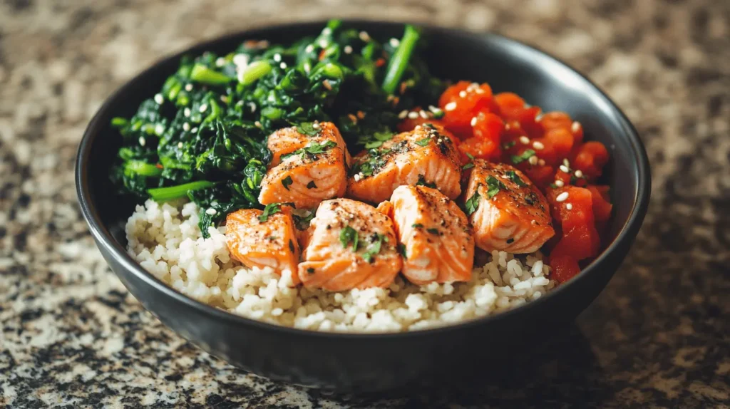 A beautifully arranged Salmon Bowl with rice, cooked salmon, fresh vegetables, avocado slices, and sesame seed garnish.