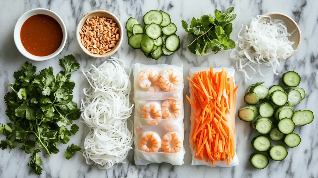 Ingredients for shrimp spring rolls neatly arranged on a marble countertop, including rice noodles, julienned carrots, sliced cucumbers, fresh cilantro, mint leaves, cooked shrimp, crushed peanuts, and dipping sauces in small bowls.