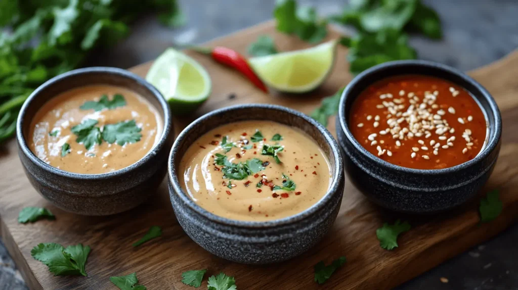 Three dipping sauces for shrimp spring rolls: peanut sauce, hoisin-lime sauce, and sweet chili sauce, served in ceramic bowls with garnishes.