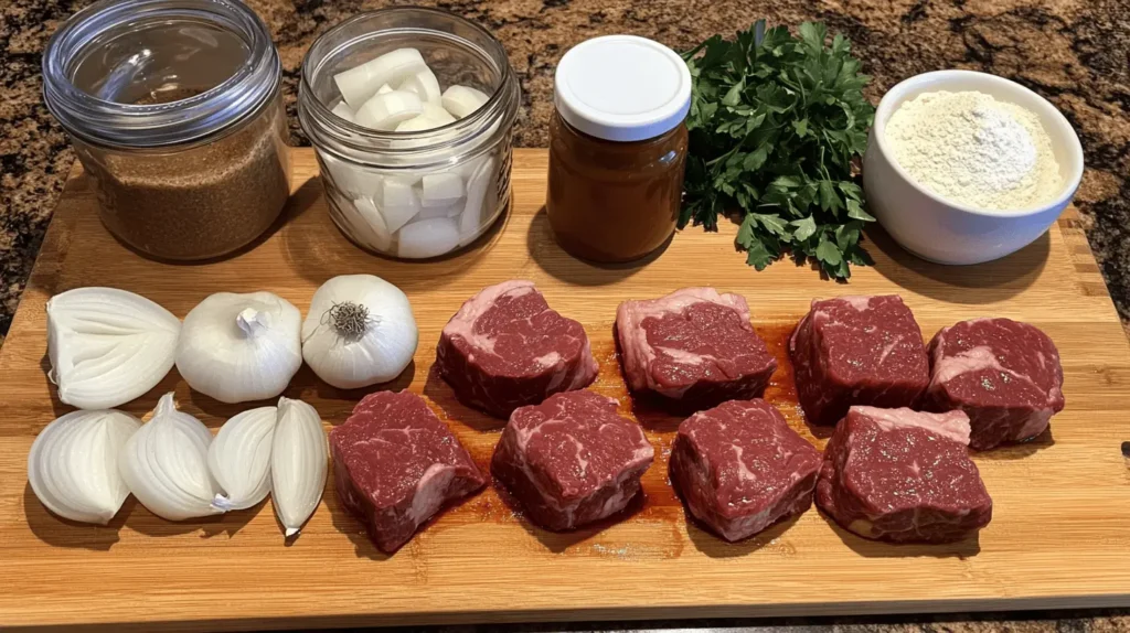 Ingredients for slow cooker cube steak, including cube steak, onions, beef broth, Worcestershire sauce, cream of mushroom soup, and seasonings, arranged neatly on a countertop.