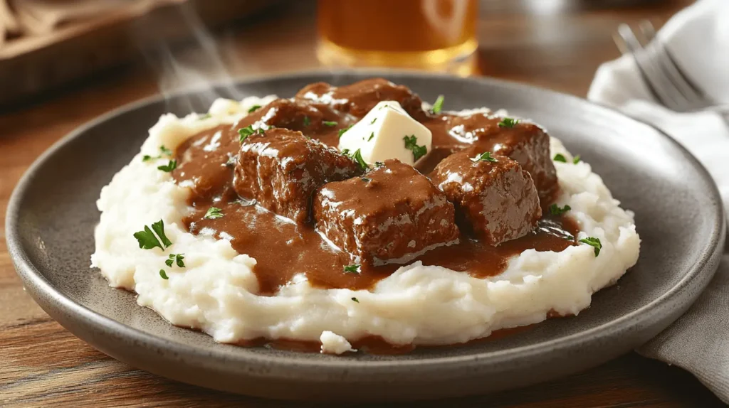 Slow cooker cube steak with mashed potatoes, topped with gravy and parsley, served on a rustic plate with iced tea on a wooden table.