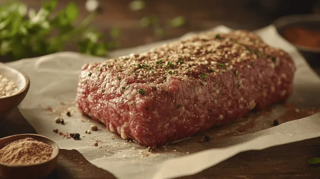 Raw meatloaf mixture shaped into a loaf on parchment paper, ready to be smoked.