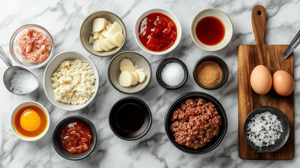 A flat lay of smoked meatloaf ingredients including ground beef, ground pork, eggs, breadcrumbs, BBQ sauce, Worcestershire sauce, smoked paprika, and chopped onions on a marble countertop.