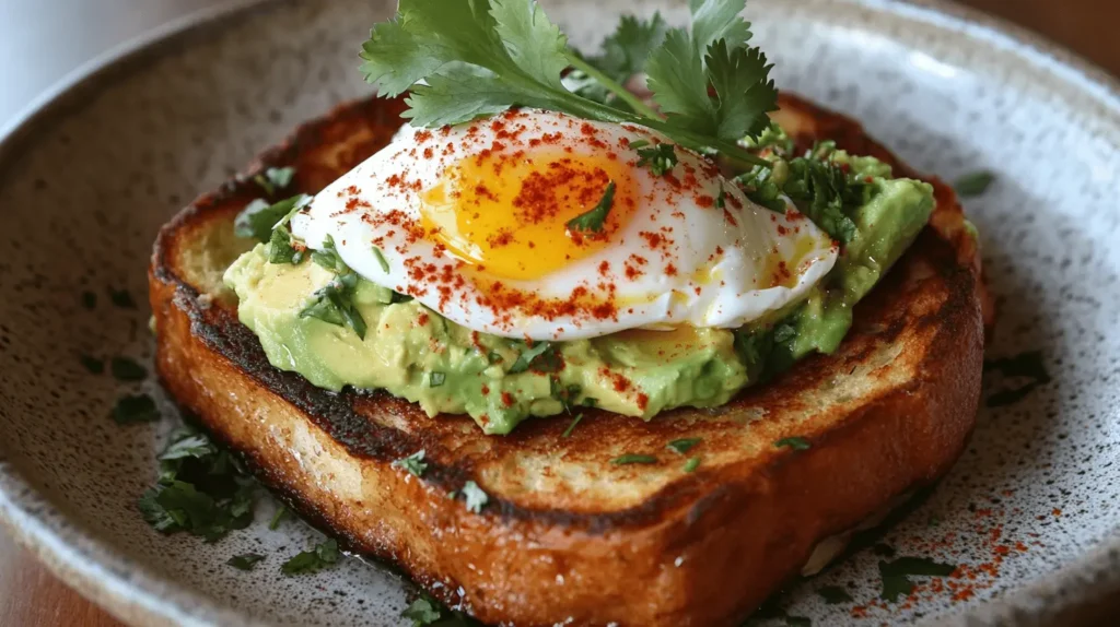 A savory version of sourdough French toast topped with mashed avocado, a poached egg, and chili flakes.