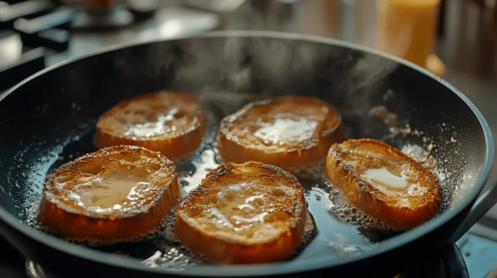 Sourdough slices cooking on a skillet with melted butter, golden edges visible