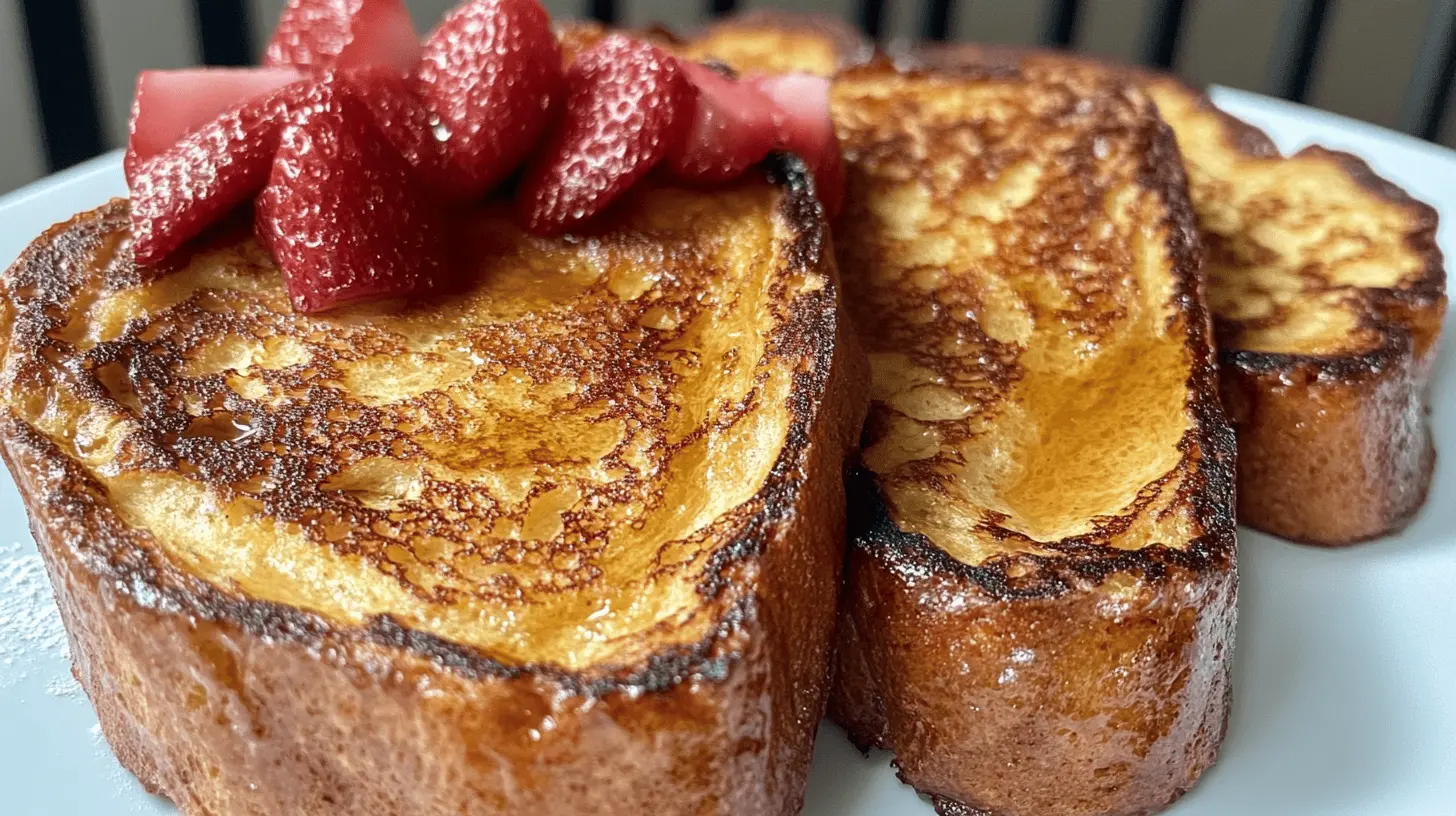 A plate of golden-brown sourdough French toast topped with fresh strawberries,, and a drizzle of maple syrup