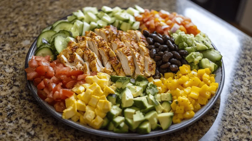 A beautifully arranged platter of Southwest Chicken Salad ingredients, including diced chicken, black beans, avocado, mango, cucumbers, and tomatoes.