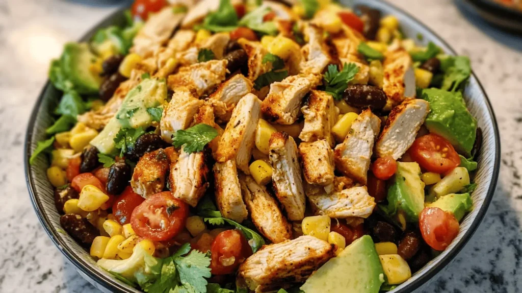 Close-up of a Southwest Chicken Salad with seasoned grilled chicken, corn, black beans, cherry tomatoes, avocado, and fresh cilantro.