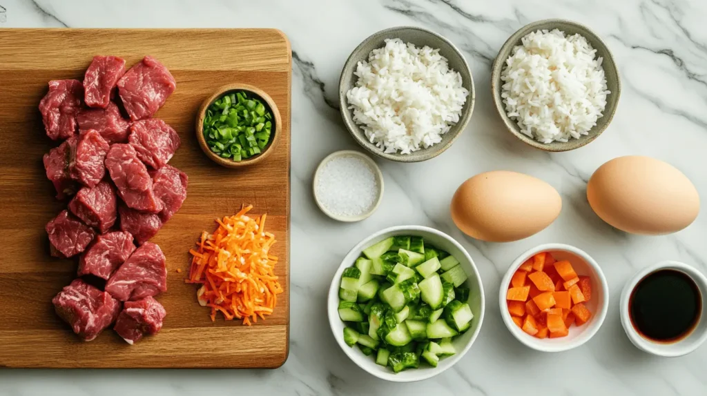 Fresh ingredients for steak fried rice, including diced steak, cooked rice, vegetables, soy sauce, and eggs, neatly arranged on a wooden cutting board.