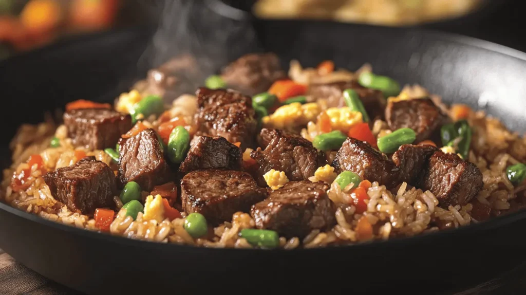 Steak fried rice cooking in a large skillet, with steak, eggs, rice, and vegetables being stir-fried together over high heat.