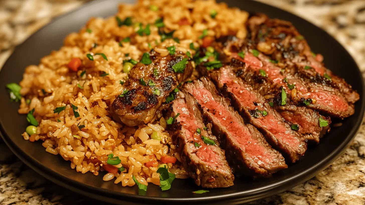 Freshly baked Steak Fried Rice served in a black dish on a granite countertop.