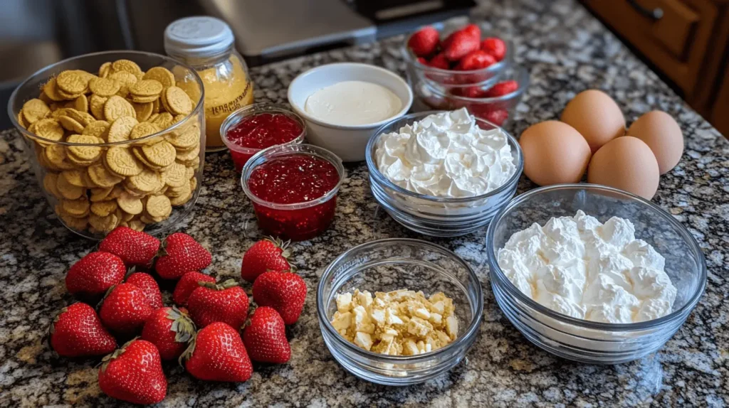 Ingredients for strawberry crunch cheesecake neatly arranged, including Golden Oreos, freeze-dried strawberries, cream cheese, sour cream, fresh strawberries, eggs, and strawberry jam.