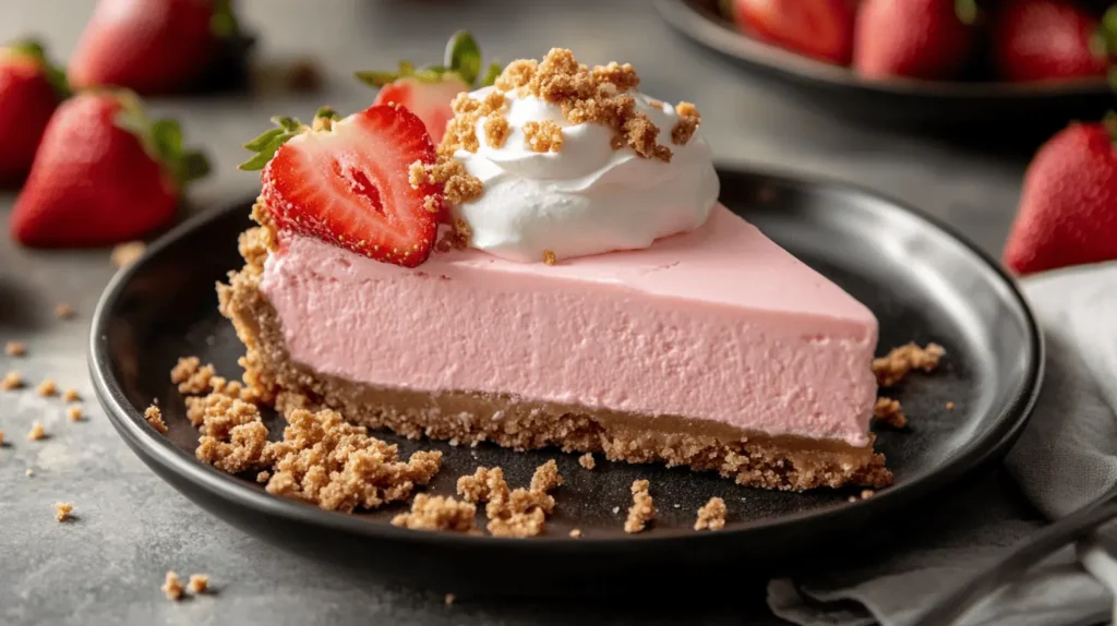 A slice of strawberry crunch cheesecake on a black plate, topped with whipped cream, a fresh strawberry slice, and a sprinkle of crunchy crumbs.