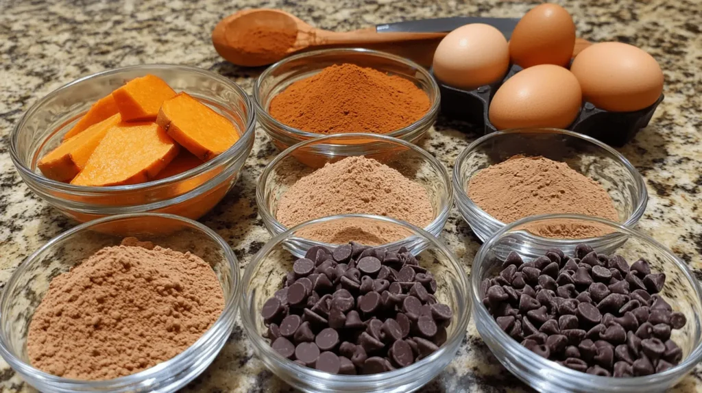 Ingredients for sweet potato brownies, including mashed sweet potatoes, cocoa powder, almond flour, and maple syrup, arranged on a marble countertop.