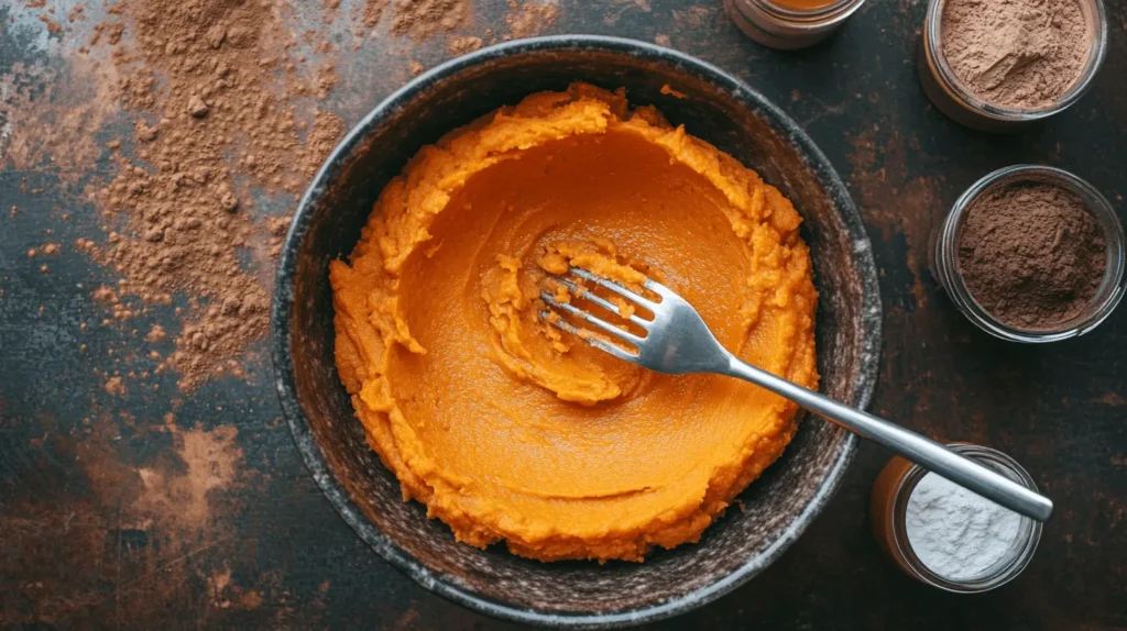 Cooked sweet potatoes being mashed in a bowl with a fork, creating a smooth, creamy texture for brownies.