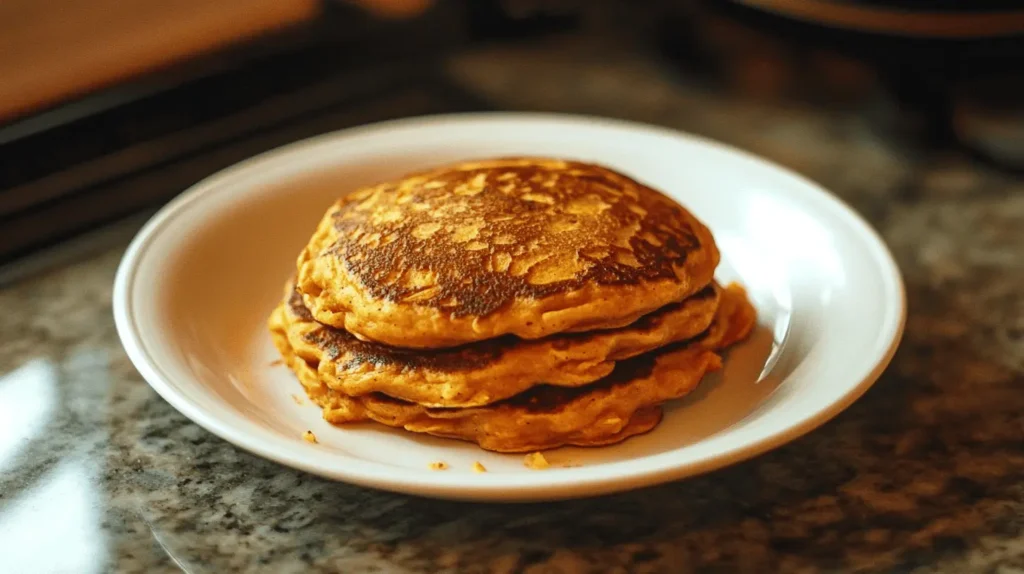 Freshly cooked sweet potato pancakes stacked on a white plate, served warm and golden brown.