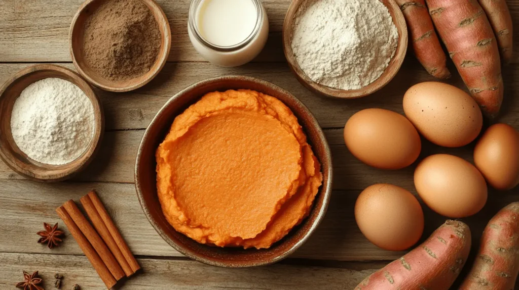 Ingredients for sweet potato pancakes, including mashed sweet potatoes, eggs, flour, milk, cinnamon sticks, and whole sweet potatoes, arranged on a rustic wooden surface.