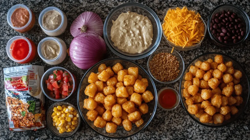 Ingredients for Taco Tater Tot Casserole neatly arranged, including ground beef, taco seasoning, black beans, corn, diced tomatoes, shredded cheese, and tater tots.