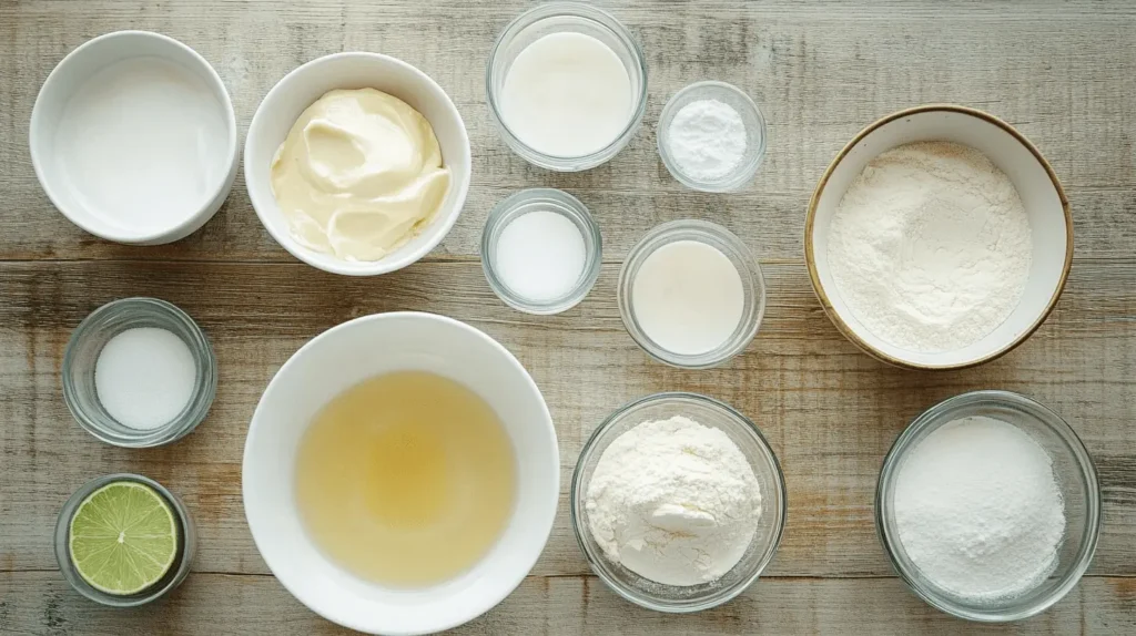 Ingredients for Tempura Cheesecake, including Cheesecake, Tempura batter mix, Ice-cold water, All-purpose flour, Oil for frying, lime,Powdered sugar. on a rustic wooden table