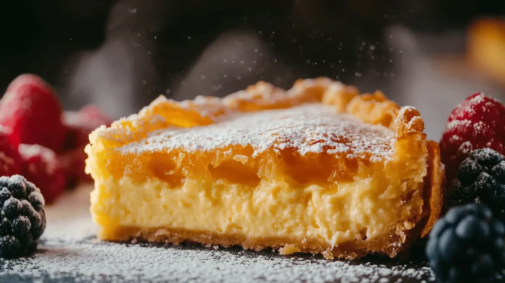 A close-up of a tempura cheesecake slice with its golden crispy crust and creamy cheesecake filling exposed.