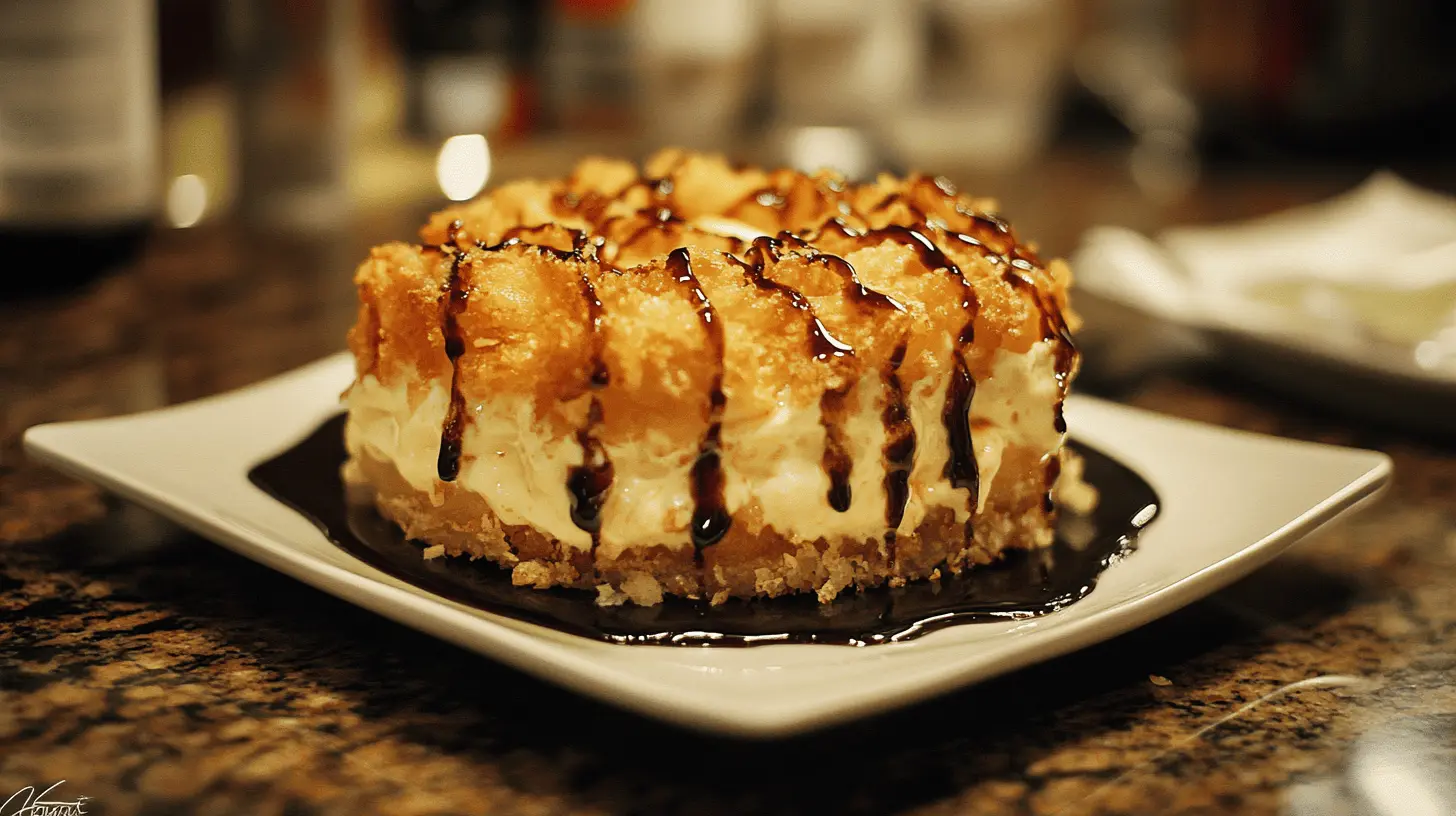 A plate of golden tempura cheesecake with chocolate drizzle.