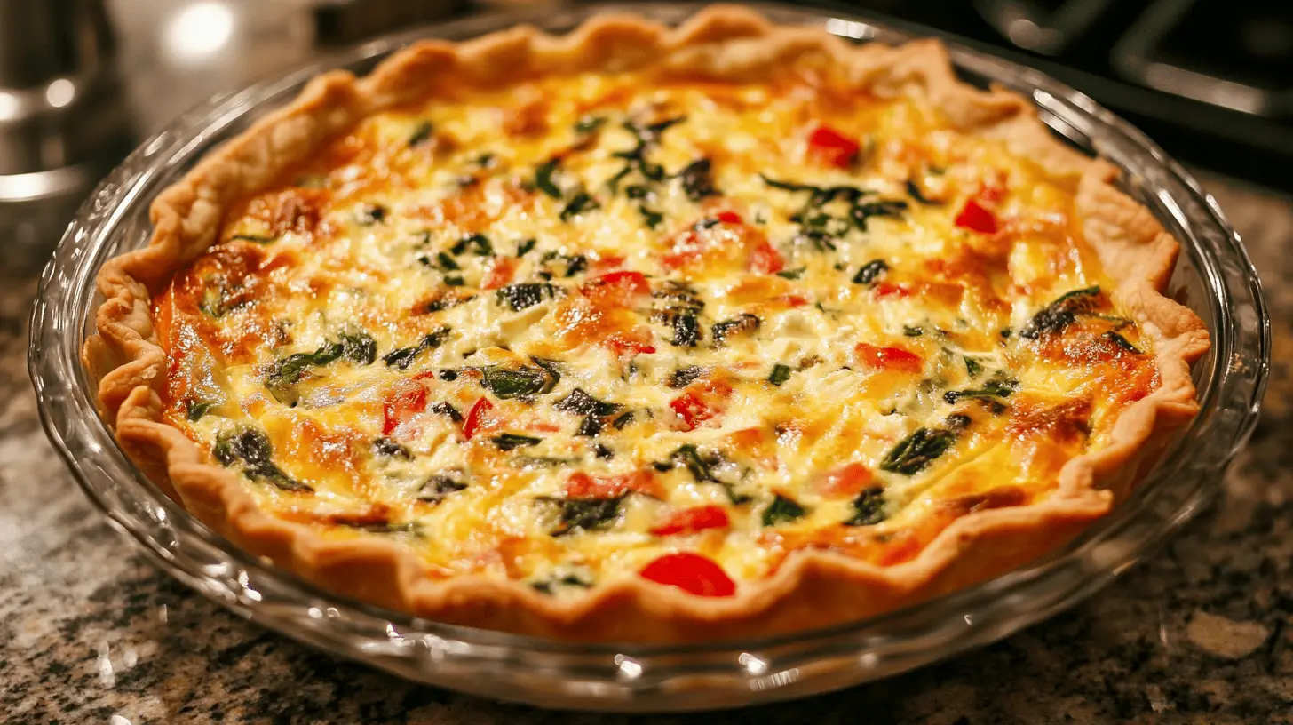 A freshly baked tortilla quiche bake served on a polished granite countertop