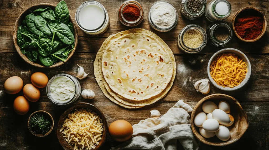 Ingredients for a tortilla quiche bake, including tortillas, eggs, shredded cheese, milk, spinach, mushrooms, and seasoning, neatly arranged on a wooden kitchen counter.