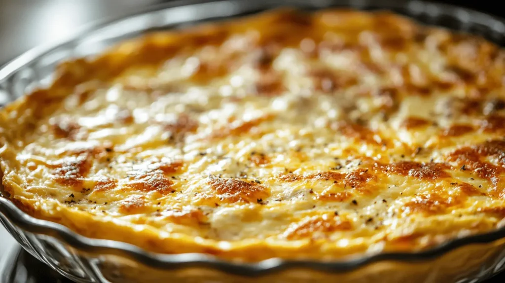 The tortilla quiche bake inside an oven, with the top layer bubbling and turning golden brown.