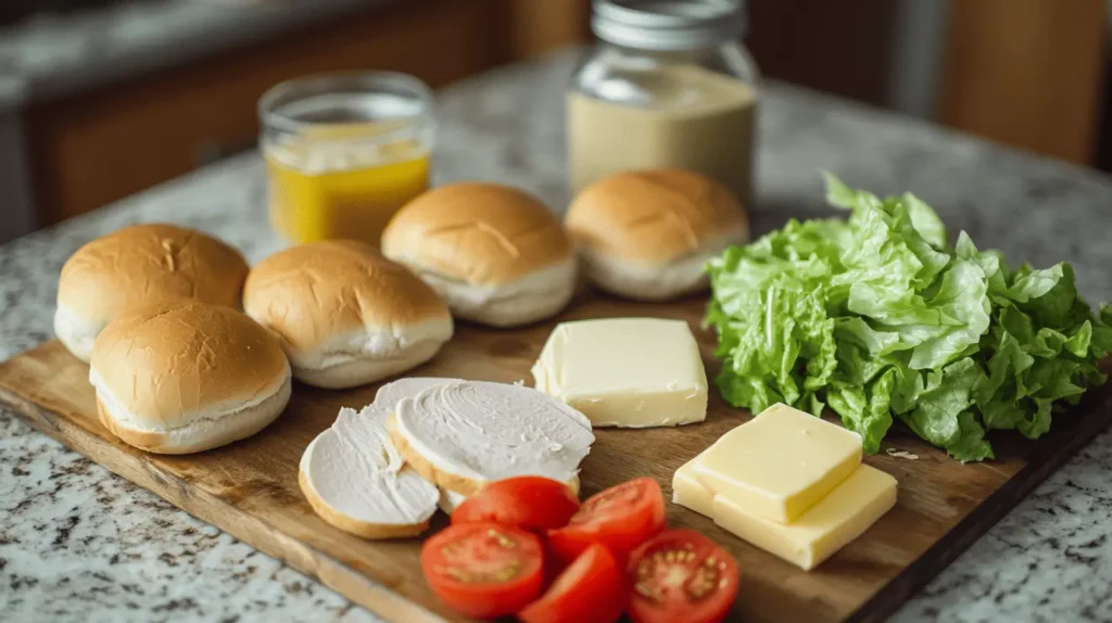 Ingredients for turkey sliders neatly arranged, including turkey slices, slider buns, cheese, lettuce, tomato, butter, and mustard.