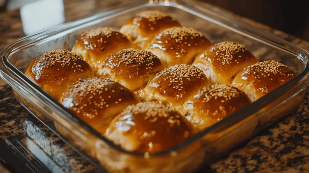 Golden-baked turkey sliders in a dish, topped with sesame seeds.