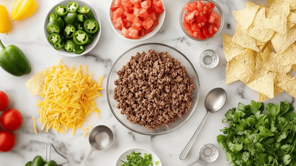 An overhead view of fresh ingredients for walking taco casserole, including ground beef, tortilla chips, cheese, salsa, and fresh toppings like tomatoes and jalapeños.