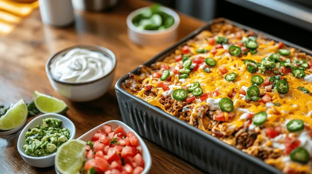 A DIY toppings bar with bowls of sour cream, guacamole, diced tomatoes, jalapeños, shredded cheese, and lime wedges beside the casserole.