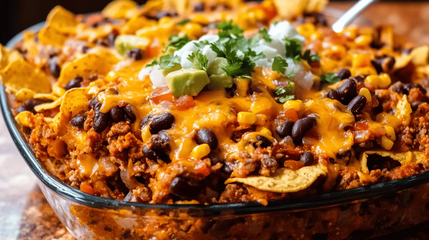 Walking taco casserole served in a rustic casserole dish with golden melted cheese, vibrant toppings like diced tomatoes and jalapeños, on a marbel coutertop.