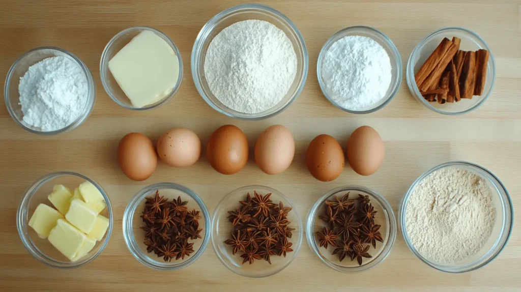 A flat lay of baking ingredients for anise cookies, including flour, butter, sugar, eggs, anise seeds, and cinnamon sticks on a wooden countertop.