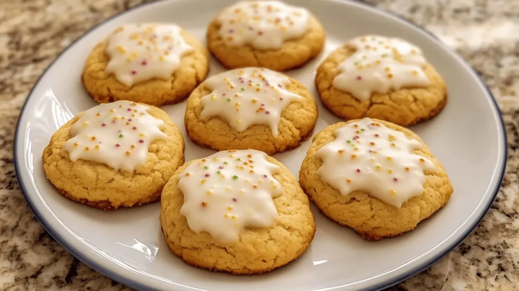  A plate of anise cookies topped with white icing and colorful sprinkles, served on a granite countertop.