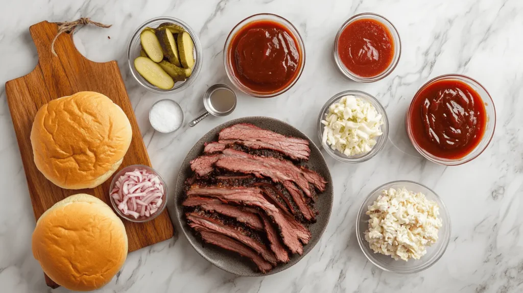 Ingredients for a brisket sandwich: smoked brisket, BBQ sauce, sandwich buns, pickles, and onions arranged on a marbel countertop.